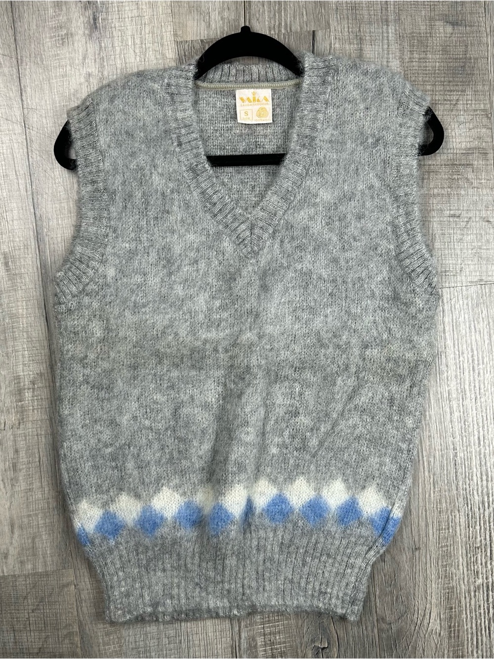 100% Icelandic Wool Sweater Vest Gray Blue White Geometric Pattern Size S Unisex